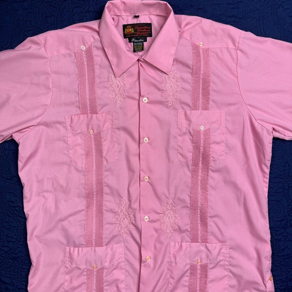 Guayaberas Yucatecas Princeton Pink Cuban Shirt Embroidered Mens XL Size 42 - Picture 1 of 7